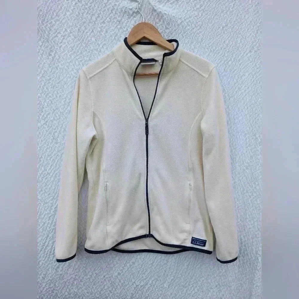 L.L.Bean Women's Fleece Full-Zip-Up Long-Sleeve Jacket Cream/Blue Color Size Med